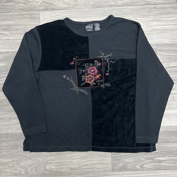 Erika Velour Sweater Womens Large Black Pink Patchwork Flower Embroidered Floral - Picture 1 of 8